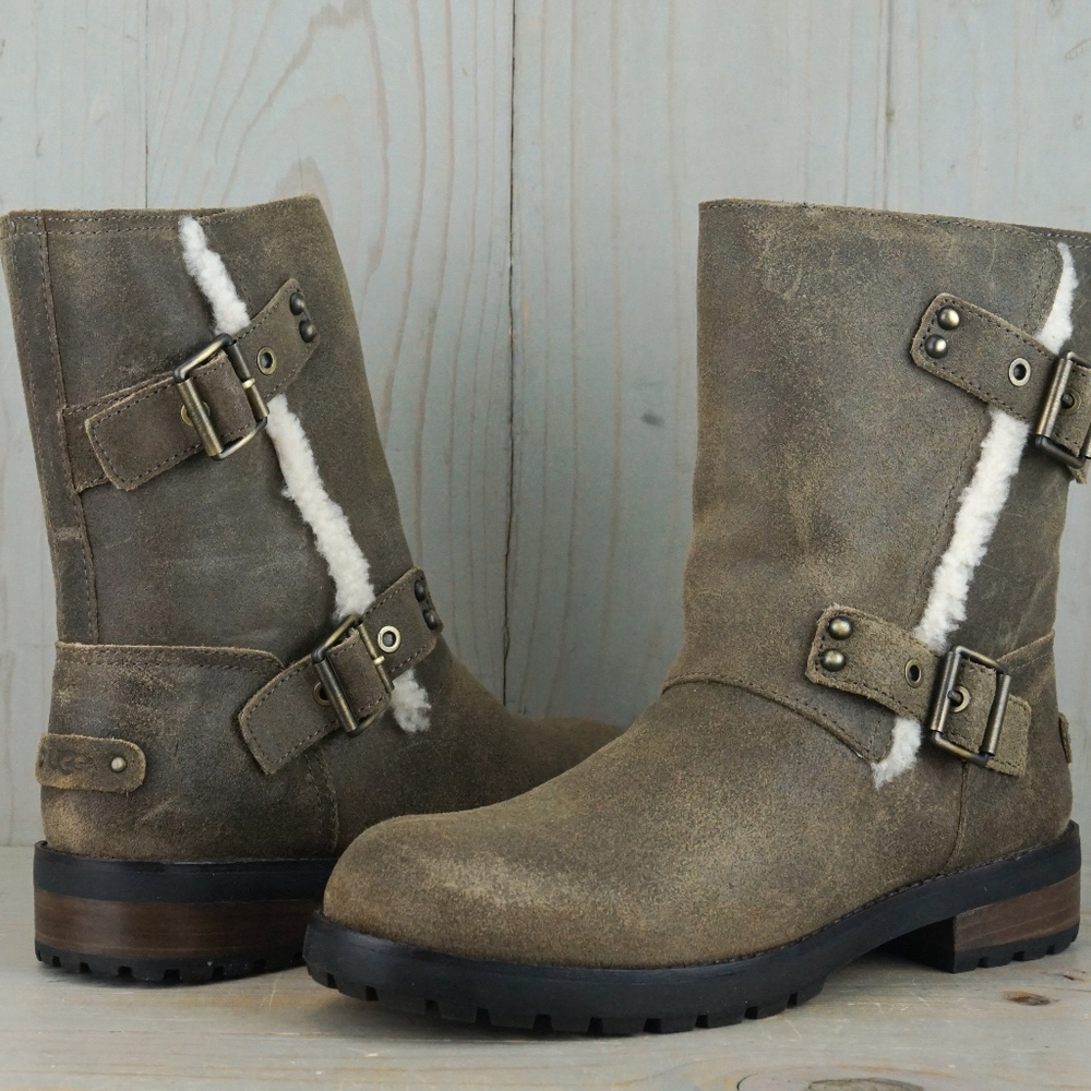 UGG NIELS 2 DOVE WOMENS FUR TRIM MOTO BOOT us 9 nib